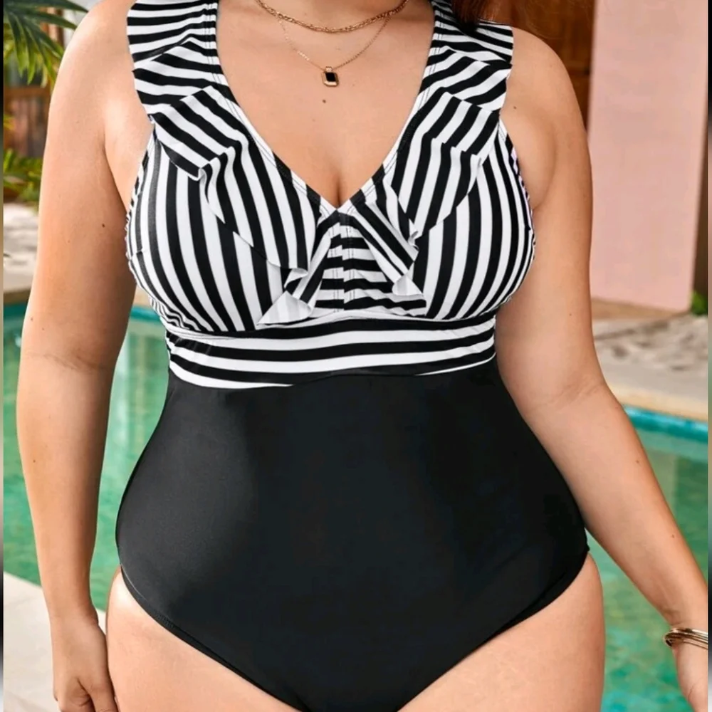Plus Striped Ruffle Trim One Piece Swimsuit - Picture 3 of 5